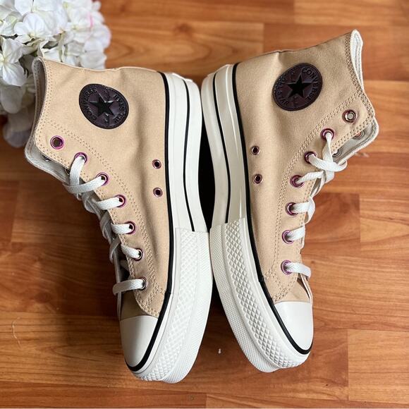 NEW Womens Size 9.5 Custom Converse Lift OX High Top Platform Tan Canvas Shos - Picture 4 of 10